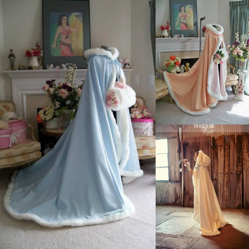 Custom Made Winter Bridal Cape Wrap with Faux Fur Trim Warm Wedding Cloak for Bride Hooded Sleeveless Satin Light Sky Blue 2024