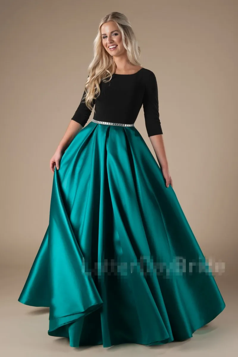 New Design Long Formal Black Green Modest Pom Dresses With Sleeves Satin Skirt Simple Elegant Teens Prom Party Gowns Custom Made