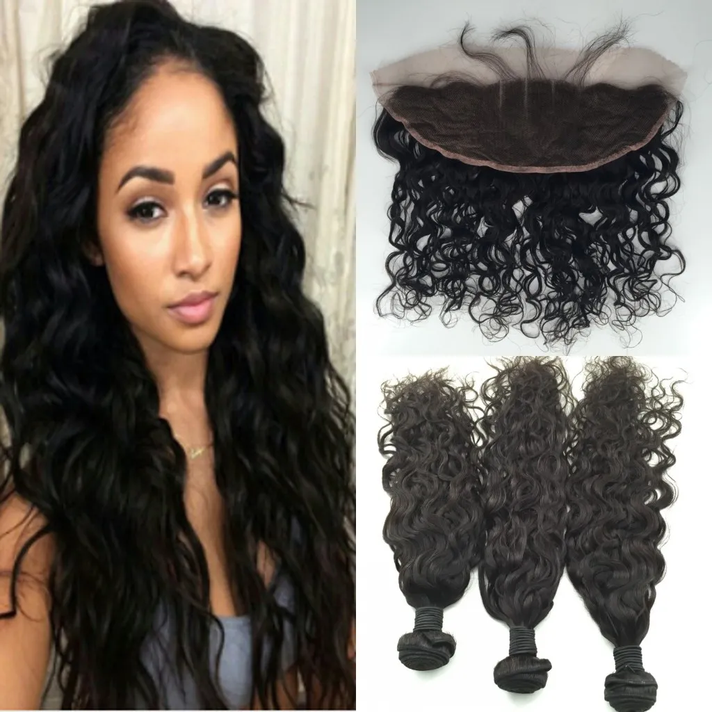 13x4 Lace Frontal mit Bundles, brasilianische Wasserwellen-Jungfrau-Haarbündel mit Frontalverschluss, 3 Bundles mit Frontalverschluss