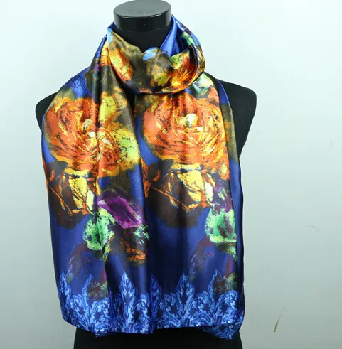 1pcs Gold Flower Royal Blue Purple Scarves Women's Fashion Satin Oil Painting Long Wrap Shawl Beach Silk Scarf 160X50cm