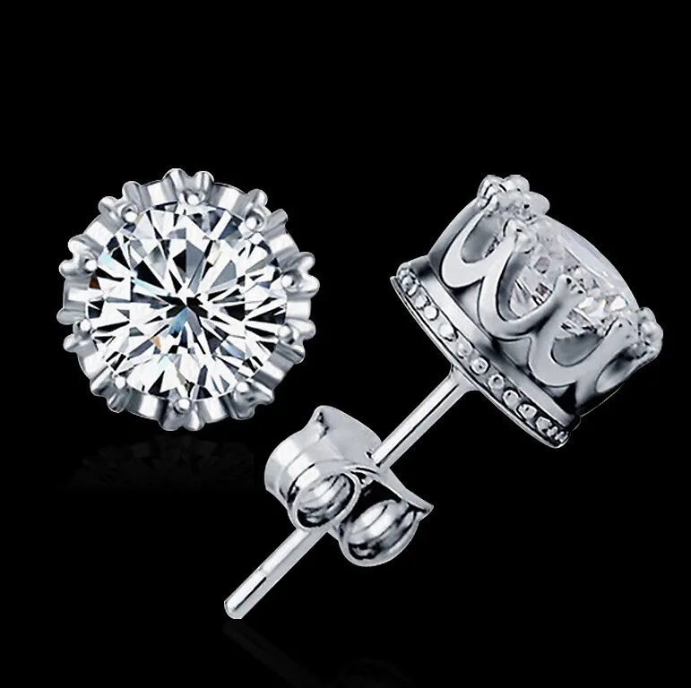 Crystal 925 sterling Silver Diamond Crown Earring Plated Gold Plated Silver Stud Earring with beautiful Wedding Engagement Jewelry gift