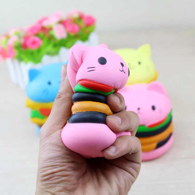 Großhandel Squishy 9,5*8,5*8,5 CM Katze Kopf Burger Langsam Steigende Weiche Tier Sammlung Dekor Katze Kopf verpackung Zubehör