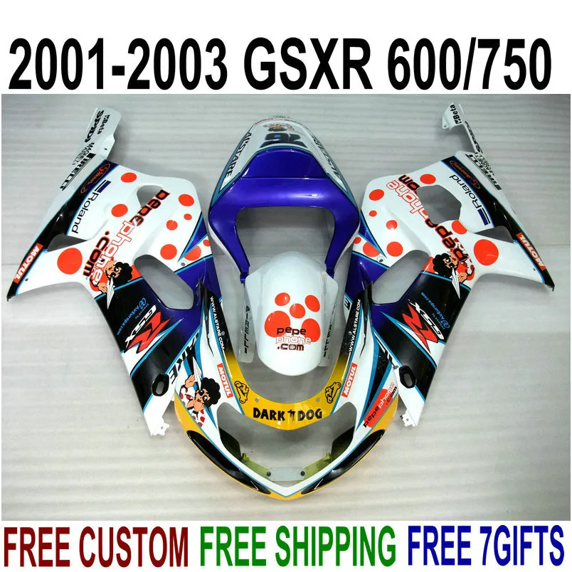 SUZUKI GSXR600 용 플라스틱 페어링 키트 GSXR750 2001 2002 2003 K1 블랙 화이트 DARK DOG 바디 키트 GSX-R600 / 750 01-03 페어링 세트 RA30