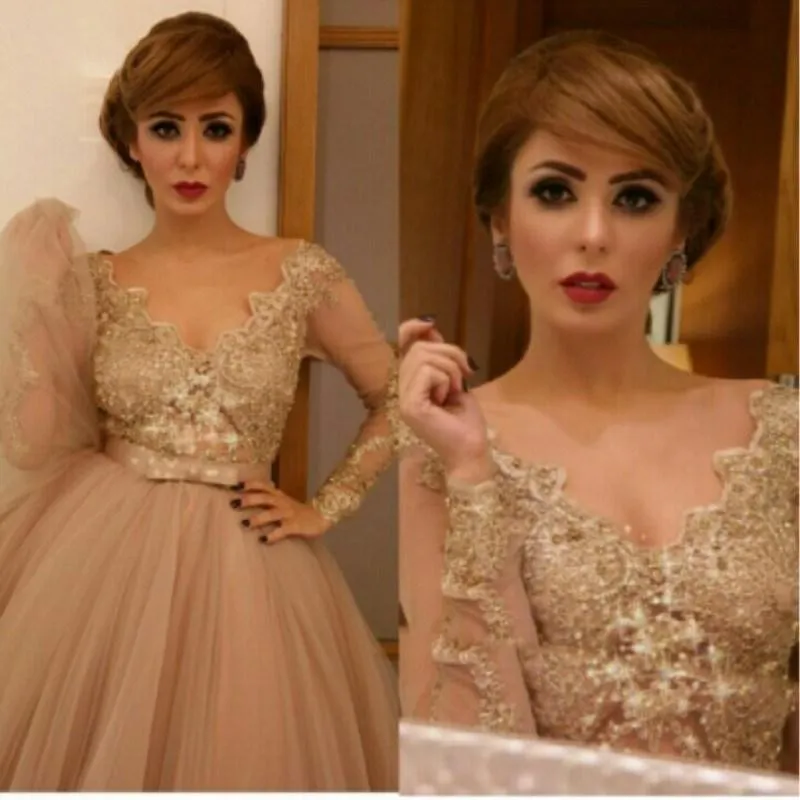 Hot ! 2015 Champagne Applique Sequined Celebrity Dresses Tea Length Arabic Evening Dresses Long Sleeve V Neck Prom Dress Party Gown
