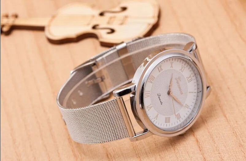 Geneva Watches Latest Personality Roman Numerals Dial Mesh Belt Ladies Watch Stainless Steel Quartz Wristwatch1730576