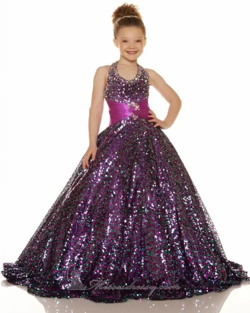 2015 Sequin Shining Long Puffy Ball Gown Pageant Klänningar för små tjejer Högkvalitativ halter golvlängd Formell klänning Flower Girl Dresses