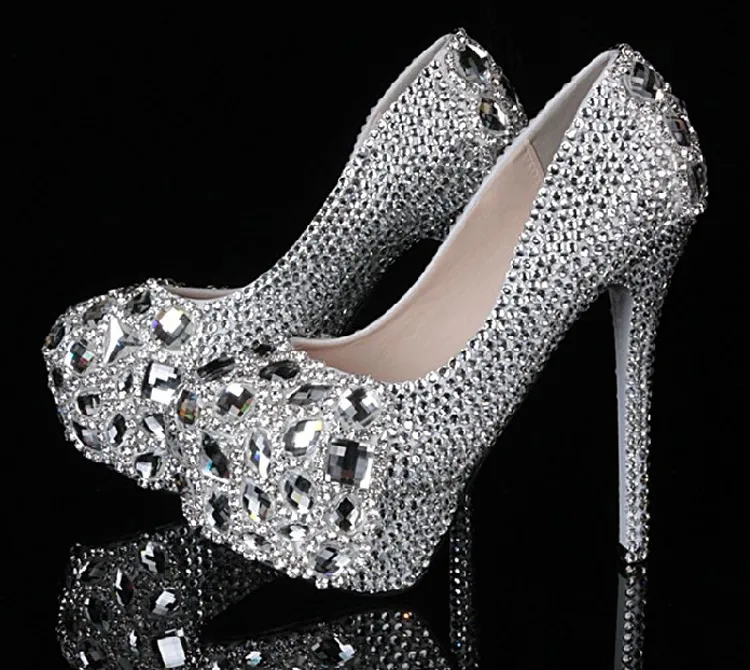 Silver Custom Gör Plus Storlek Högklack Kristaller Och Rhinestones Bröllop Bröllopspumpar Skor Diamond Lady Skor Party Prom High Heels