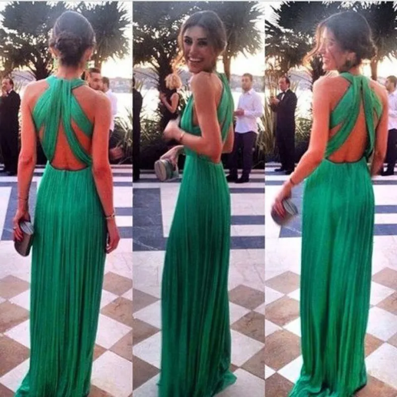 Emerald Groene Lange Jurken Avondjurk Sexy Prom Jurk Criss Cross Open Back Ruched Chiffon Custom Made Celebrity Red Carpet Jurken