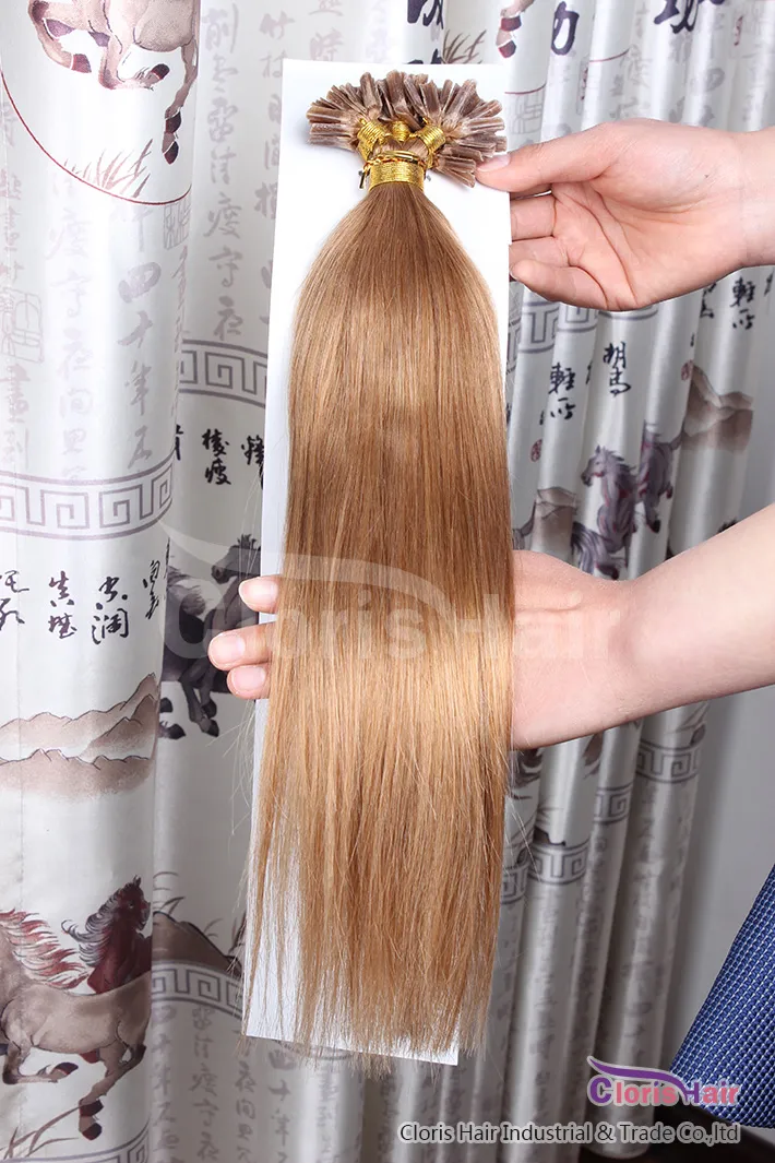 16-22 "100 nici 0,5 g / s # 12 Light Golden Brown Prebonded Fusion Keratyna Nail U Wskazówka Ludzkie Włosy Rozszerzenia Malezyjskie Remy Hair Prosto