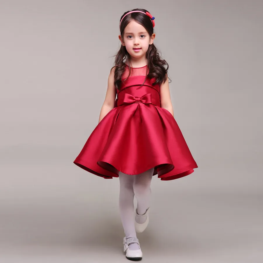 Red Flower Girl Sukienki na Wesela Kolano Długość Crew Neckline Cap Sleeve Custom Kids Formalne Nosić Sheer Neck Jesień Dress 3-14 Wiek