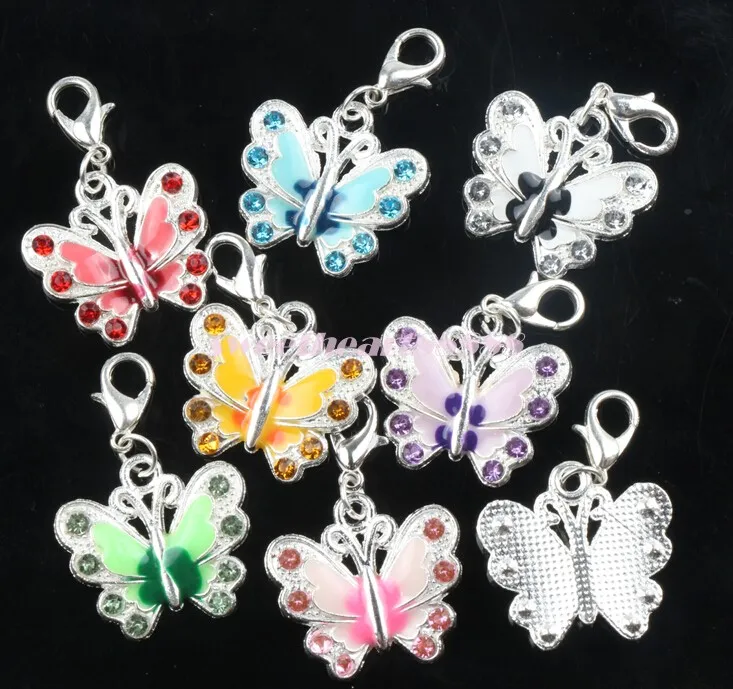 Enamel Butterfly Rhinestone Charms 22x35 mm Heart Floating Lobster Clasps Charm for Glass Living Memory Locket C1559