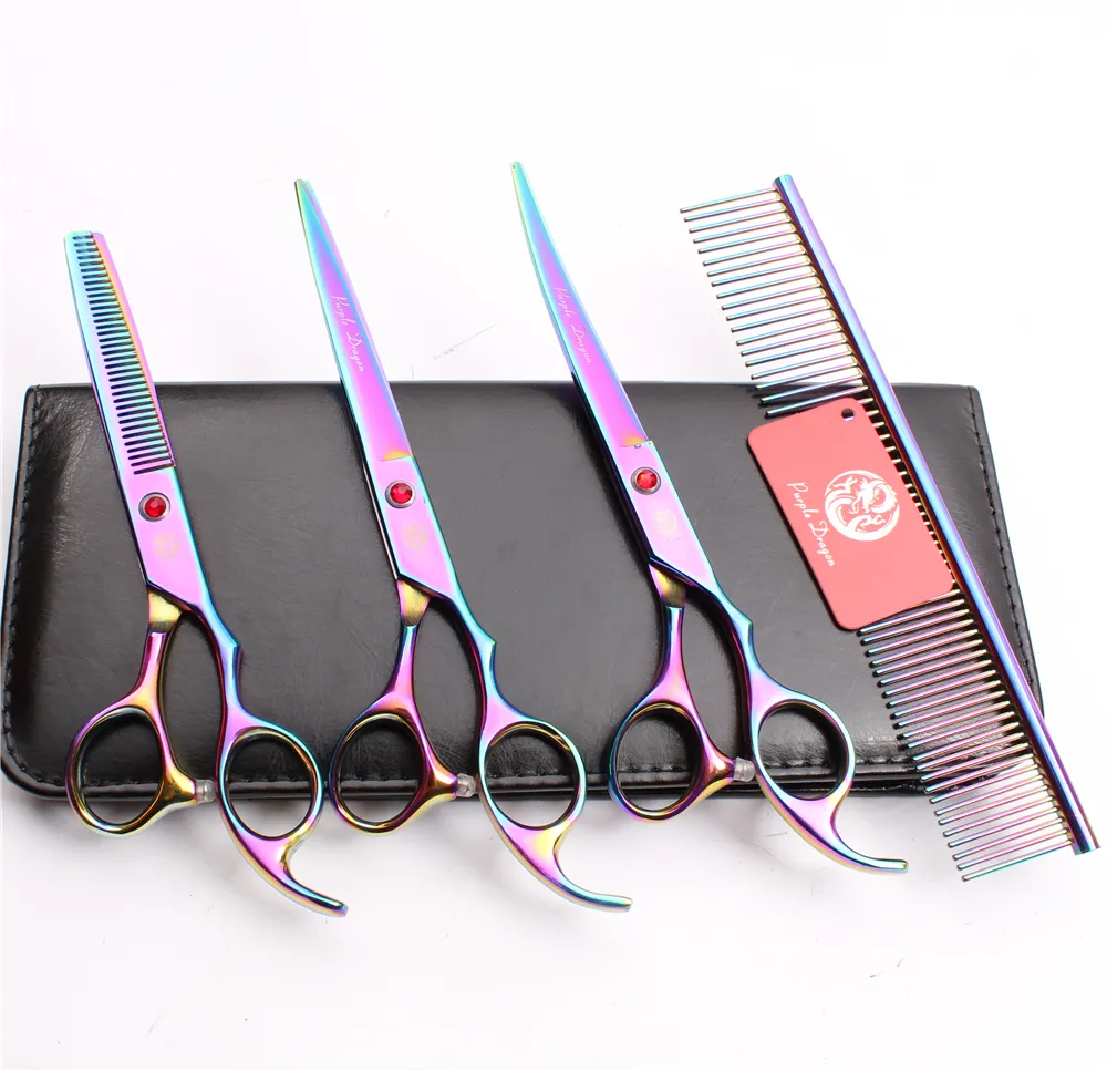 4PCS SUPPEN 7 "JP 440C Lila Dragon Professional Husdjur Grooming Hair Sax Comb + Cutting Shears + Tunna Scissor + Up Curved Shears Z3003