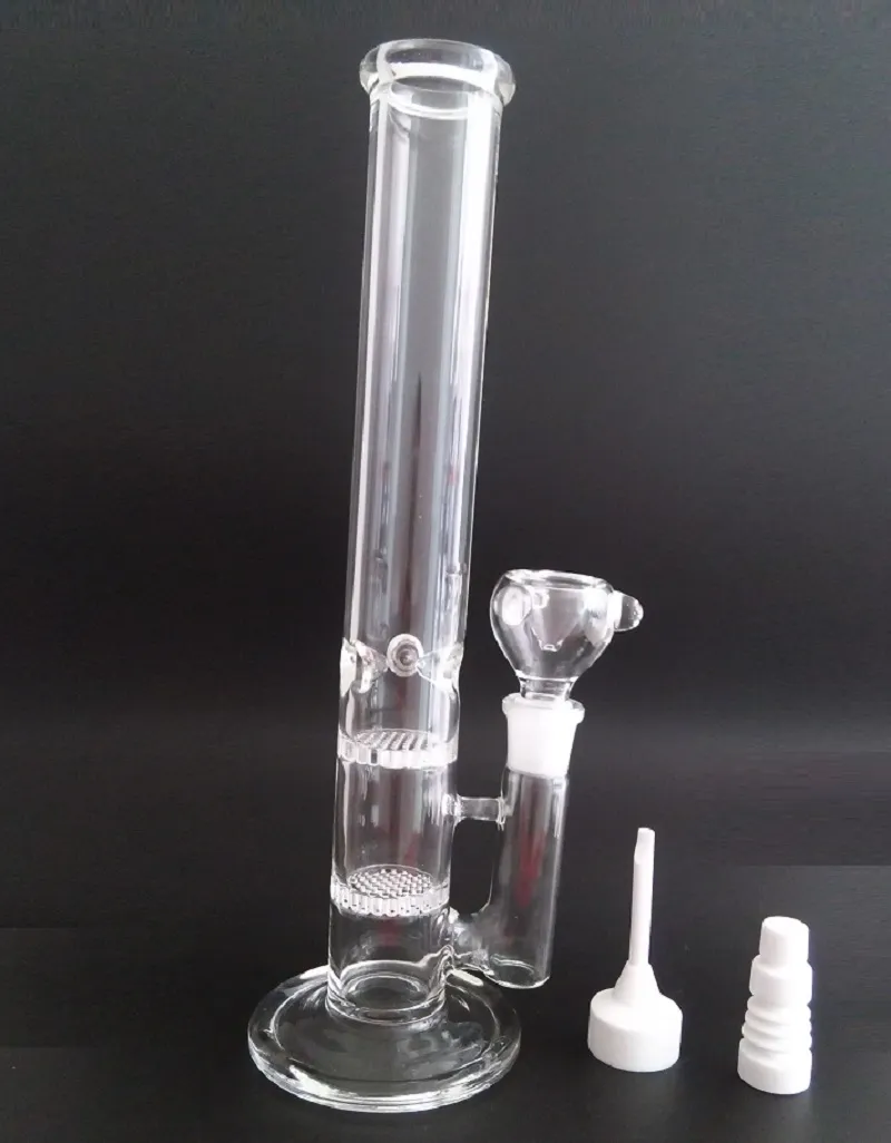 Glas vatten Bong Två Perc vatten Percolator Rökning med keramisk nagel Carb Cap Clear Pipe Disk Fog Storlek: 18.8mm Höjd: 30cm