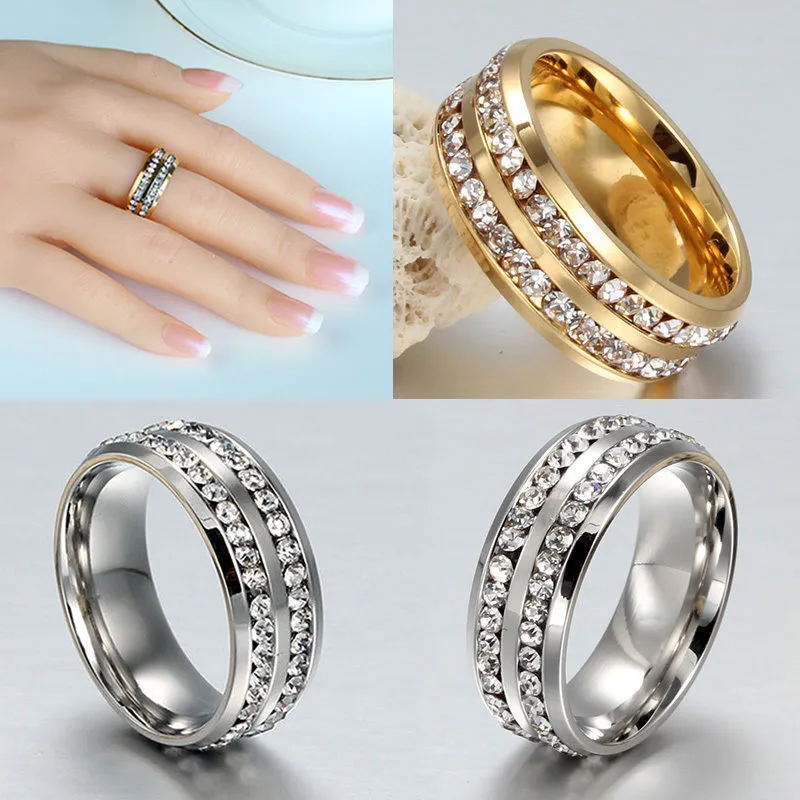 Ring smycken mode sz17-21 svart guld silver cz rhinestone rostfritt stål massor ring män kvinna titan bröllop förlovningsband