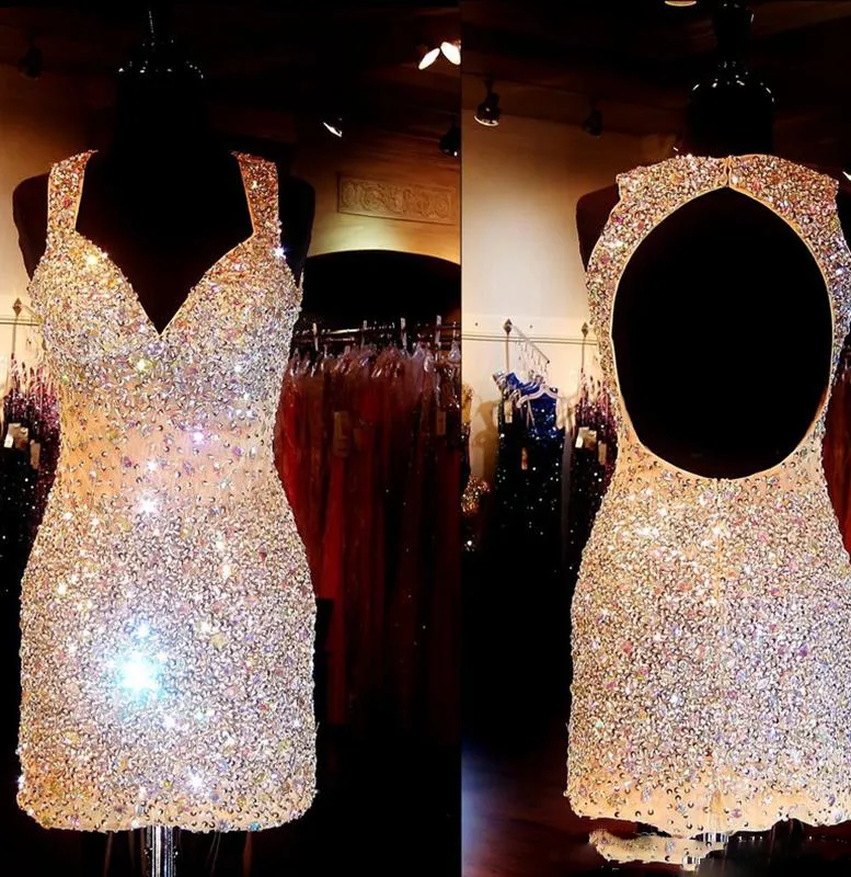 Shiny Crystal 2016 Short Prom Dresses Evening Wear Major Beading Backless Bling Bling Girl Prom Gowns Plus Size8995513