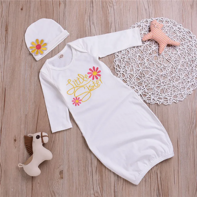 Kids Clothing Long Sleeve Little Sister Baby Girl Clothes Sets Coming Home Outfit Baby Gown Hat Set Baby Sleeping Bag Sleepwear Sleepsuit