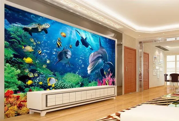 Papel tapiz personalizado de la foto Gran sofá 3D fondo de pantalla de TV pared mural Mundo submarino delfín 3d fondo de pantalla mural 20156759