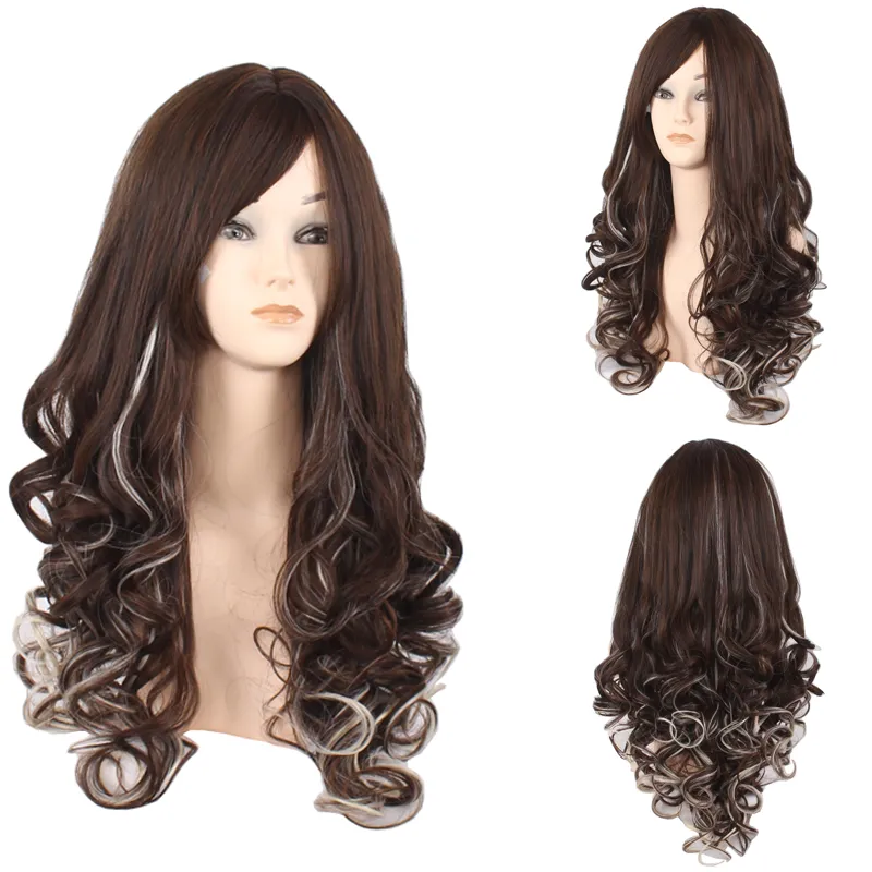 Nouvelle Marque Femmes Brun Gris Couleur Dégradé Long Ondulé Cheveux Synthétiques Perruques Mode Ombre Vague Résistant À La Chaleur Cheveux Cosplay Perruques Europe Américain