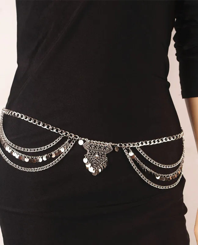 Boho silver guld metall pärla kedja tofs kropp smycken sequins charms sexig biniki midja mage strand tribal smycken