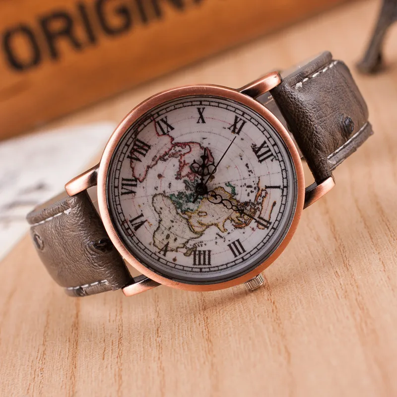 高品質ビンテージレザーストラップウォッチワールドマップ時計ユニセックスクォーツ時計クールデザイン男性女性腕時計