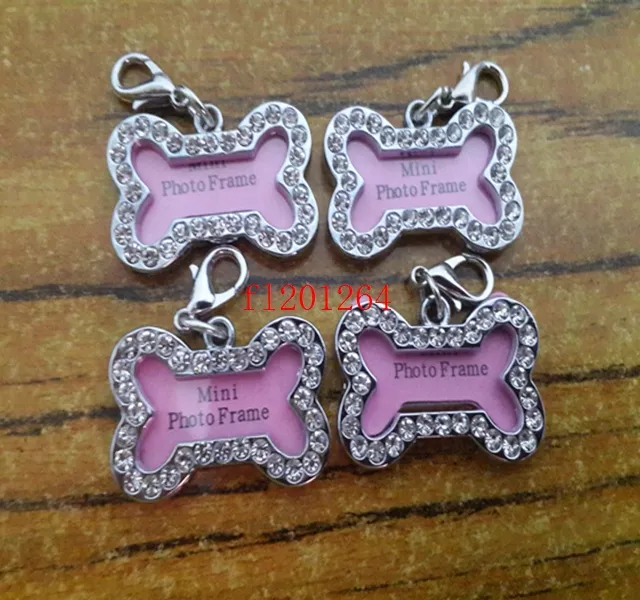 32x20mm Pet Collar ID Tag Dog Name Tag Rhinestone Bone Shaped Doggie Puppy Crystal Photo Frame