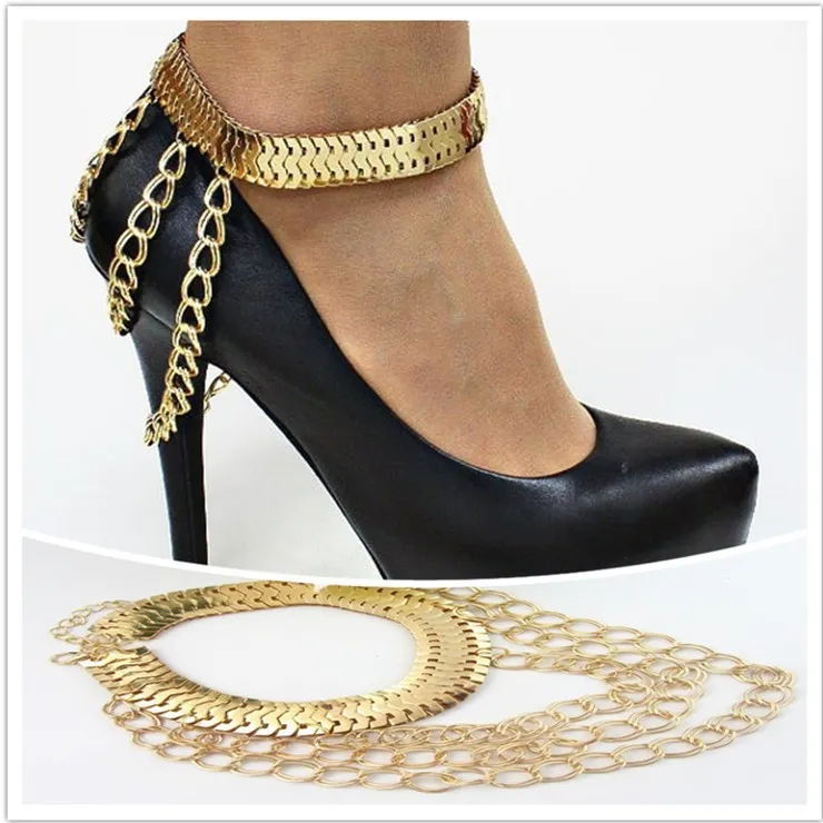 Hoge Kwaliteit Kwastje Ankentjes Gouden Voet Ketting Been Ring Slave Enkel voor High-Heied Shoes Multilayer Heavy Metal Chain ANKLETS Lichaam Sieraden