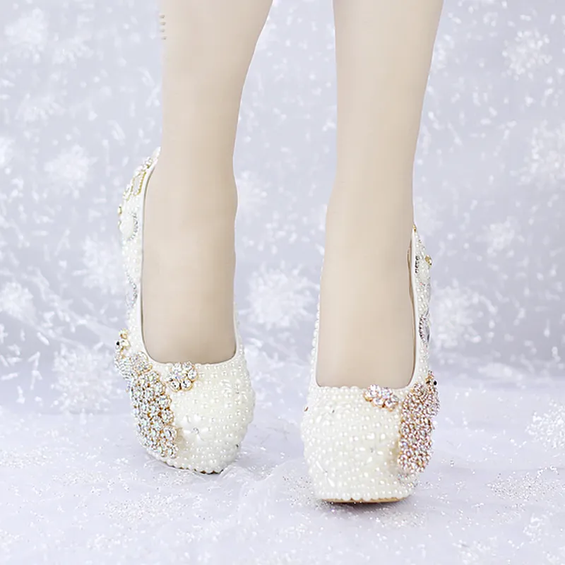 Custom Made New Ivory Pearl Wedding Shoes Round Toe Platforms Phoenix Rhinestone Bridal Dress Shoes Banquet Prom Pumps