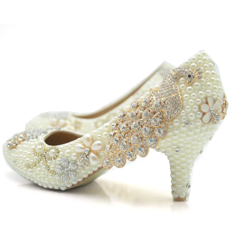 Ivory Wedding Shoes Pearl Middle Heel Bridal Party Prom Schoenen Rhinestone Phoenix Platforms Kralen Moeder van de Bruid Schoenen