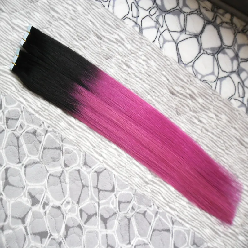 rey ombre human hair T1B/purple Tape Human Hair Extension Straight Brazilian PU Skin Weft Hair100G 