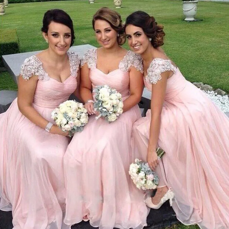 Deslumbrante Blush Rosa Vestido de Dama de Honra Longo Custom Made Alta Qualidade Chiffon Bridesmaids Vestidos com Cristais Cintos de Renda Até O Chão Festa