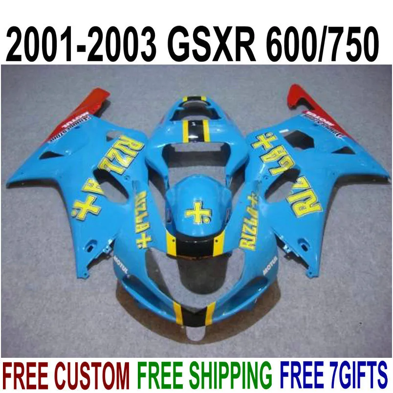 مجموعة هياكل السيارات المجانية لتخصيص SUZUKI GSXR600 GSXR750 2001 2002 2003 K1 أزرق أحمر fairings GSXR 600 750 01-03 fairing kit RA55