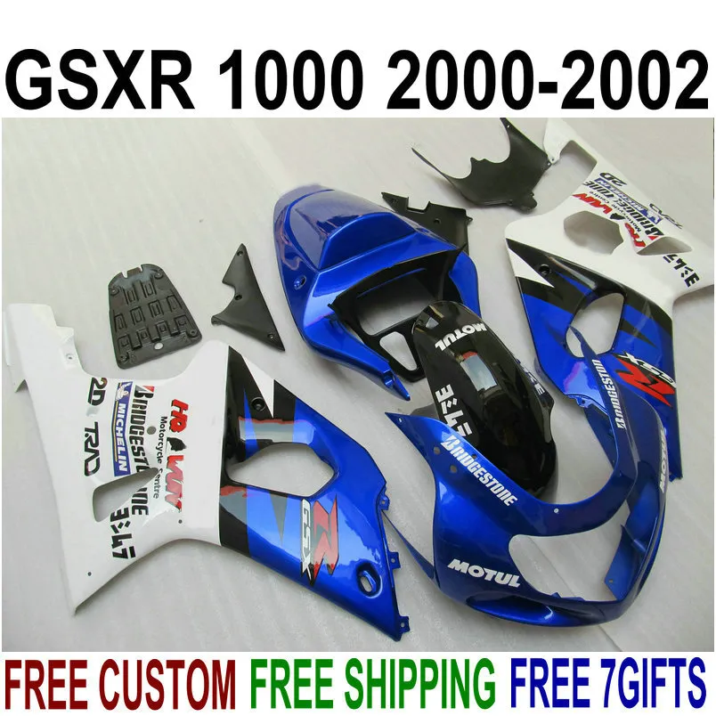 ABS Motorcykel Fairings Set för Suzuki GSXR1000 K2 2000 2001 2002 Blue White Black GSX-R1000 00 01 02 Plastfeoking Kit YR15