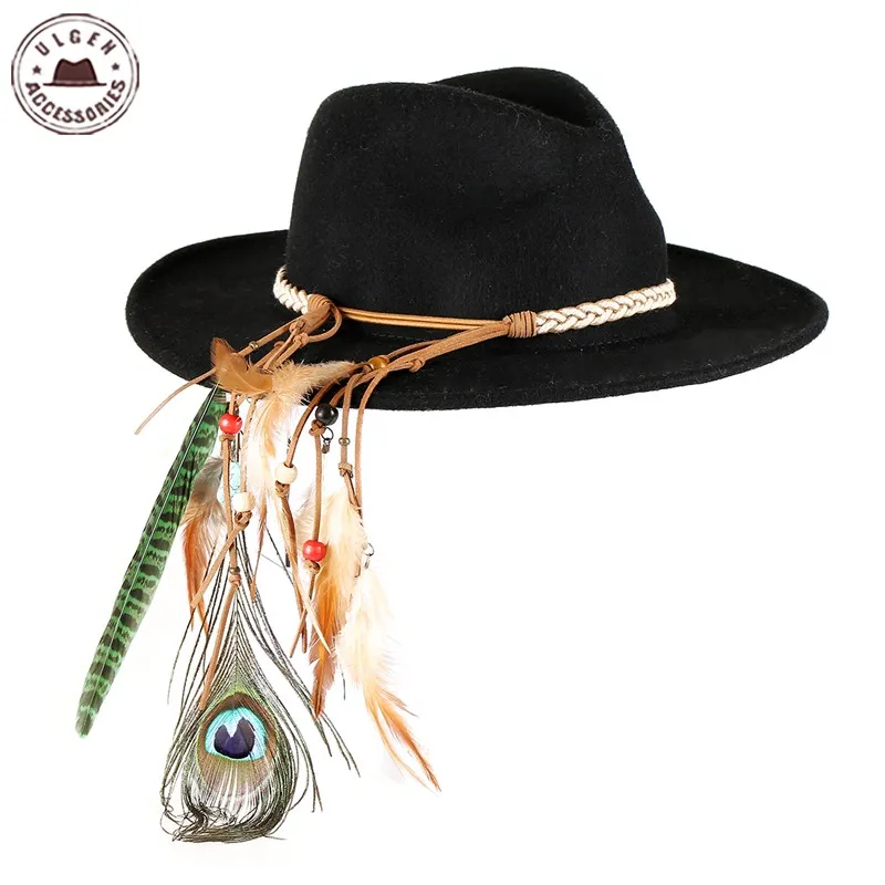 Atacado-Vintage unisex lã Jazz chapéus grande brim sentiu cowboy panamá chapéu fedora para as mulheres pena headband fedoras cinza preto [HUL176g]