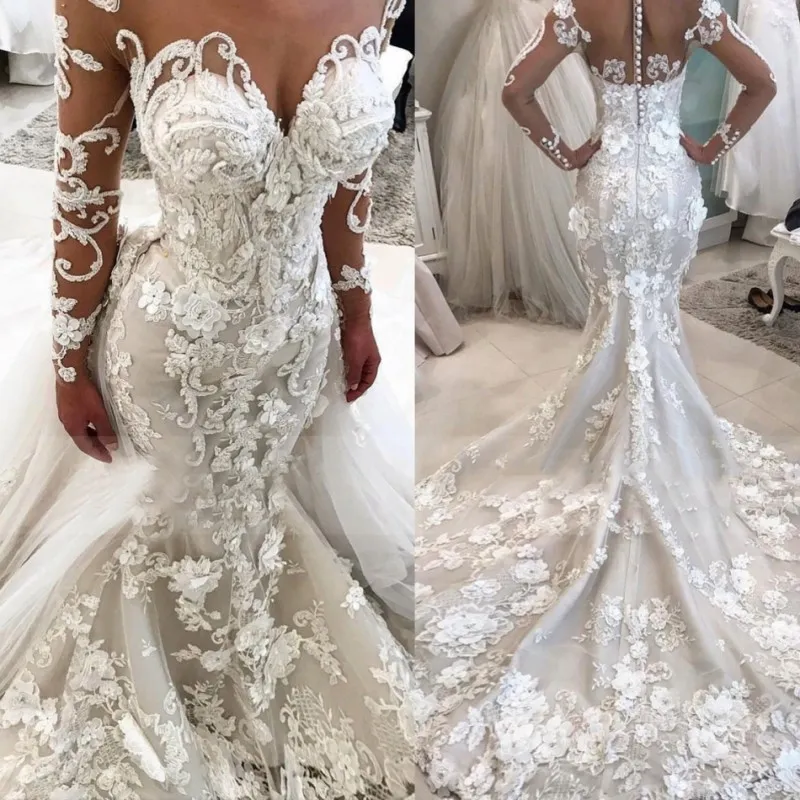 فستان الزفاف حورية البحر الفاخرة مع 3d الزهور شير الرقبة vestido دي novia طويلة الأكمام زائد حجم فساتين الزفاف