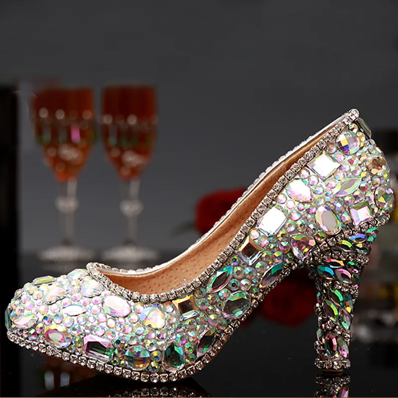 AB Crystal High Heels Bridal Bröllopsklänning Skor Rhinestone Round Toe Stiletto Heel Lady Skor Kvinna Party Dacing Dress Shoes