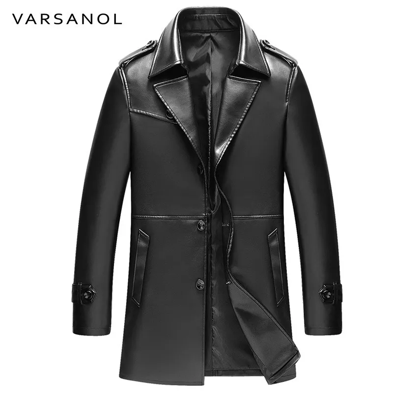 Wholesale- Varsanol Lange Trench Mens PU Jassen Jassen Windbreaker Lederen Jassen Volledige Mouw Herfst Turn-Down Collar Button Merk Kleding