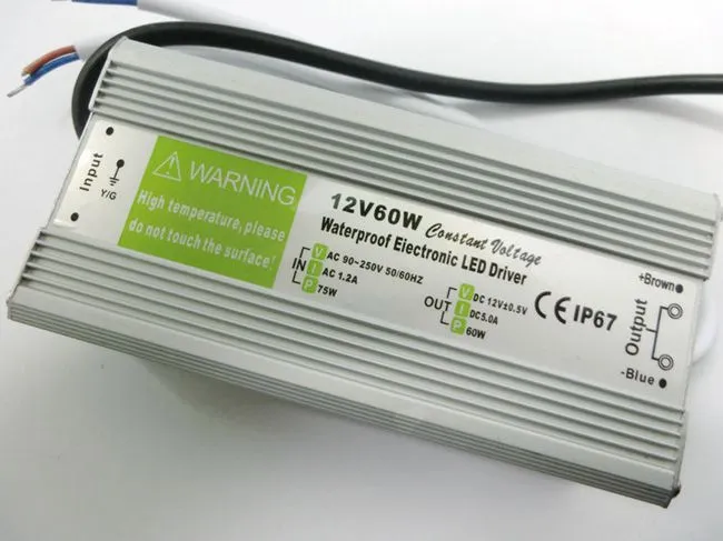 60W Waterproof Outdoor LED Power Supply Driver 90-267V AC to 12V 24V DC Transformer IP67 for LED Module and Strip