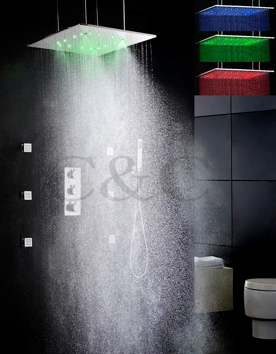Thermostaat badkamer douchekraan set 20 inch twee functies verneveling en regenval led douchekop en massage spray 009-20WL-F