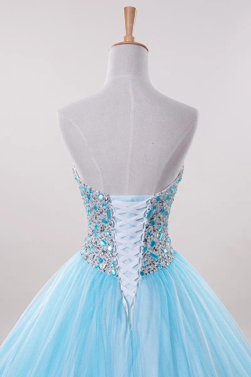 2015 nieuwe mode bling bling blauwe quinceanera jurken baljurk met kralen kristallen lace-up jurk voor 15 jaar debutante downs qs129