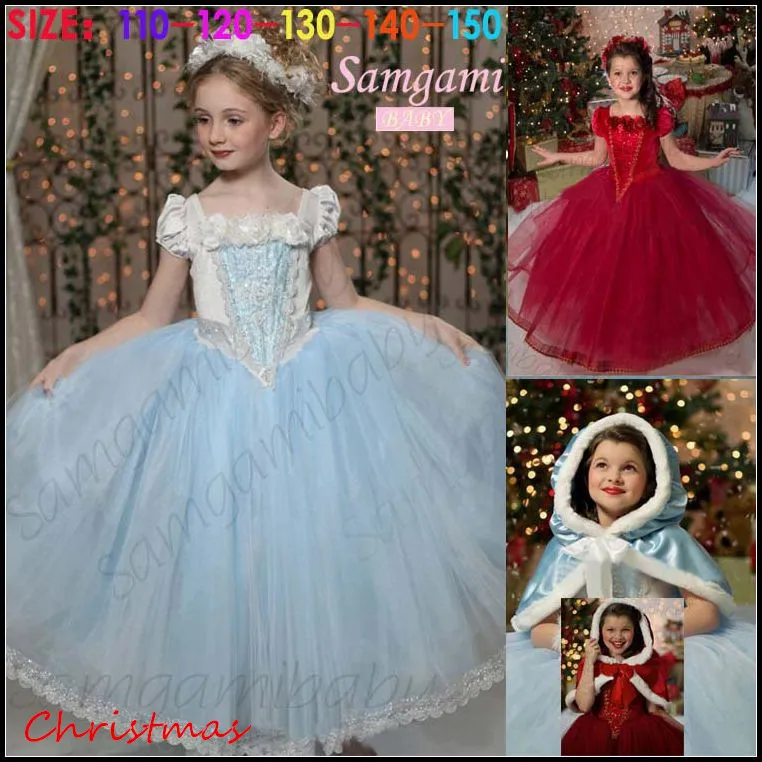 Samgami Baby Mädchen Weihnachten Prinzessin Party Kleider Kinder Mädchen gefroren Cosplay Blume Spitzenkleid Dekor Perlen mit Pelzkragen Umhänge Sa0017#