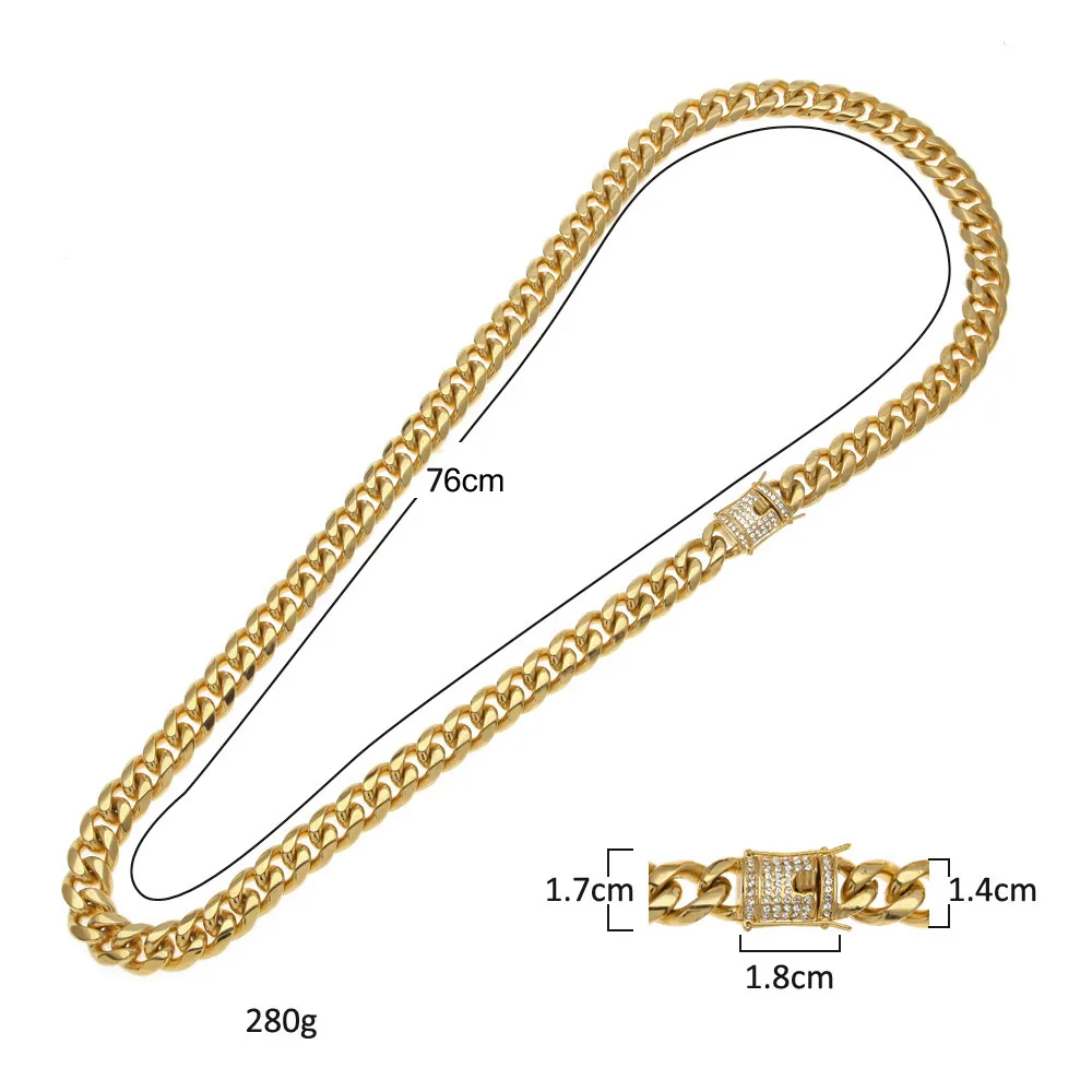 Cadena de acero inoxidable 316L Oro de 18 quilates Cierre de fundición electroplaca Diamante Curb Collar de eslabones cubanos Cadenas para hombres Joyería 24quot 30q6040144