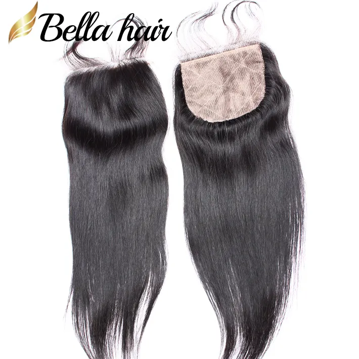 Facos de cabelo humano com fechamento de renda da base de seda 4x4 Extensões retas da trama de cabelo da Malásia Malásia Malásia Bellahair