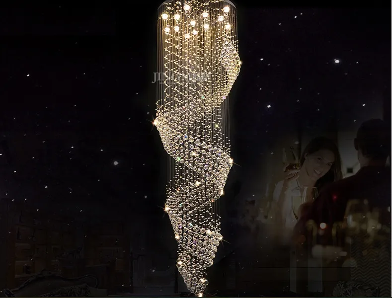 Lustre en cristal de luminaire de lustre en cristal à longue spirale moderne, lampe d'escalier D600mm H2000mm, escaliers, lumière d'escalier en cristal