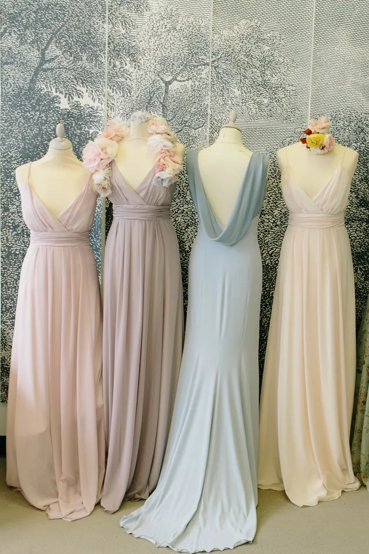 2015 Deep V Neck Backless Bridesmaid Dresses Spaghetti Strap A Line Sweep Train Chiffon Wedding Party Dresses For Bridesmaid