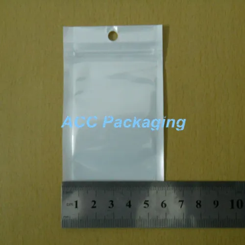 Small 6cm*10cm 2.4"*3.9'' White/ Clear Self Seal Zipper Plastic Retail Packaging Bag Zipper Lock Bag Retail Package W/ Hang Hole
