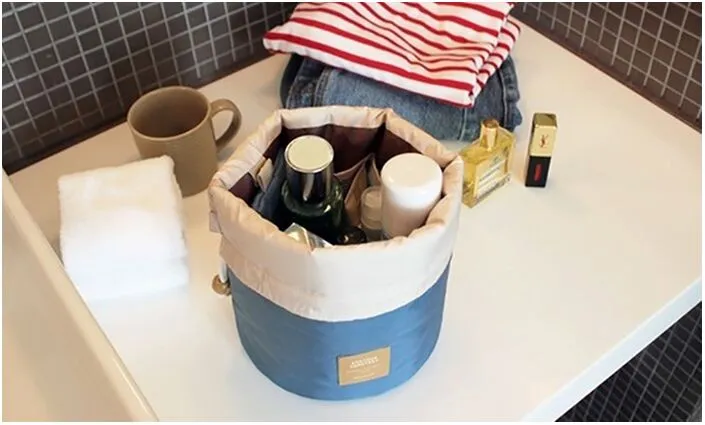 Barrel Shaped Travel Cosmetic Bag Nylon High Capacity Drawstring Drum Wash Bags Makeup Organizer lot238U