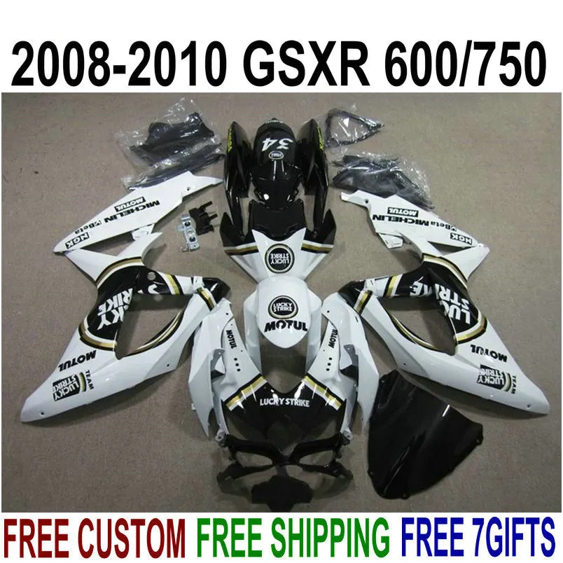 ABS Full Feying Kit dla Suzuki GSXR750 GSXR600 2008-2010 K8 K9 Black White Lucky Strike Fairings Set GSXR600 / 750 08 09 10 KS63