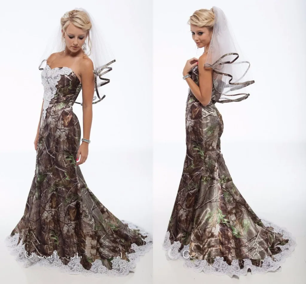 2015 Camo Wedding Dresses Plus Veils Vintage Sweetheart Lace Mermaid Camo Bridal Gowns Backless Sweep Train Camouflage Wedding Gowns