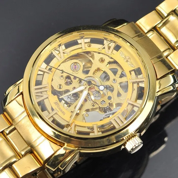 Mens Gold Skeleton Steel Self Mechanical Watch Dress for men/women Fashion Wristwatch Original Brand Winner