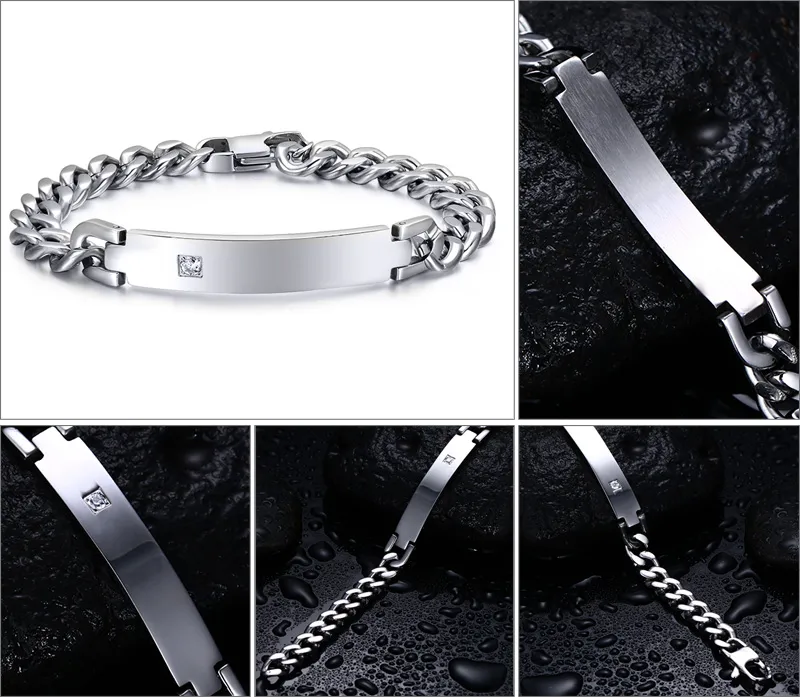 2015 Newest Romantic Lovers' Style Sweet Gift Silver Stainless Steel Link Chain Shining Crystal Smooth ID Bracelet Hotsale